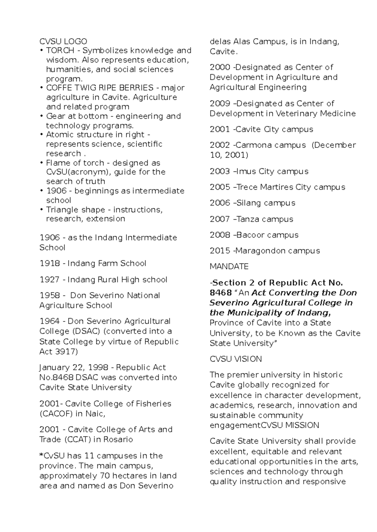 Cvsu 101 Midterm Lecture Notes: Symbolism and History of CVSU - Studocu