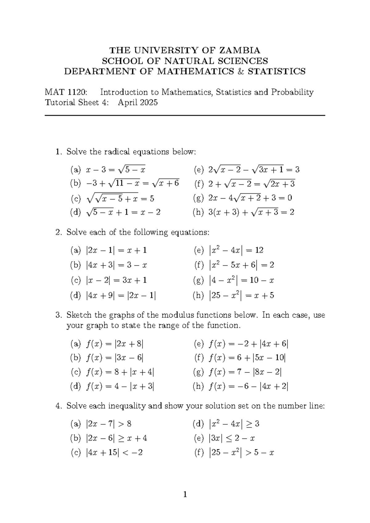 MAT 1120: Tutorial Sheet 4 on Radical Equations and Graphs - Studocu
