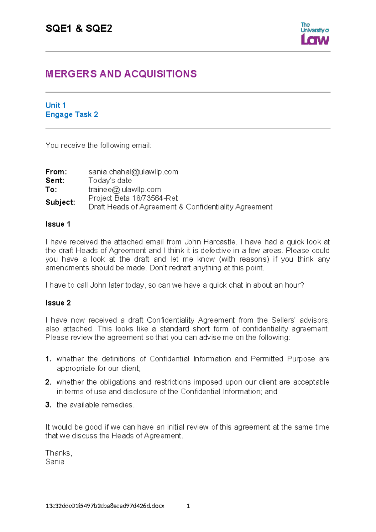 SQE1 SQE2 Mergers & Acquisitions Unit 1 Engage Task 2 Review Draft ...