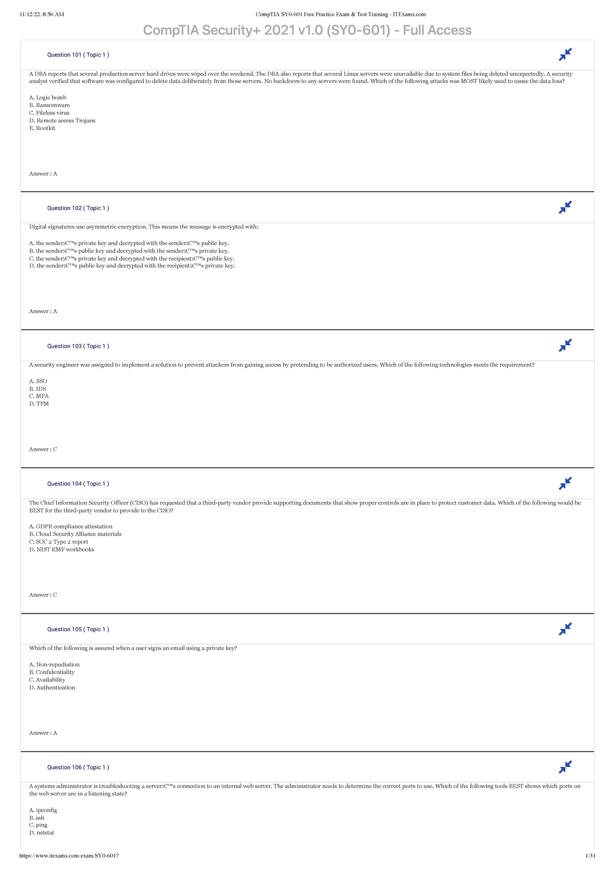 CompTIA Security+ SY0-601 Exam Questions and Answers - Part 2 - Studocu