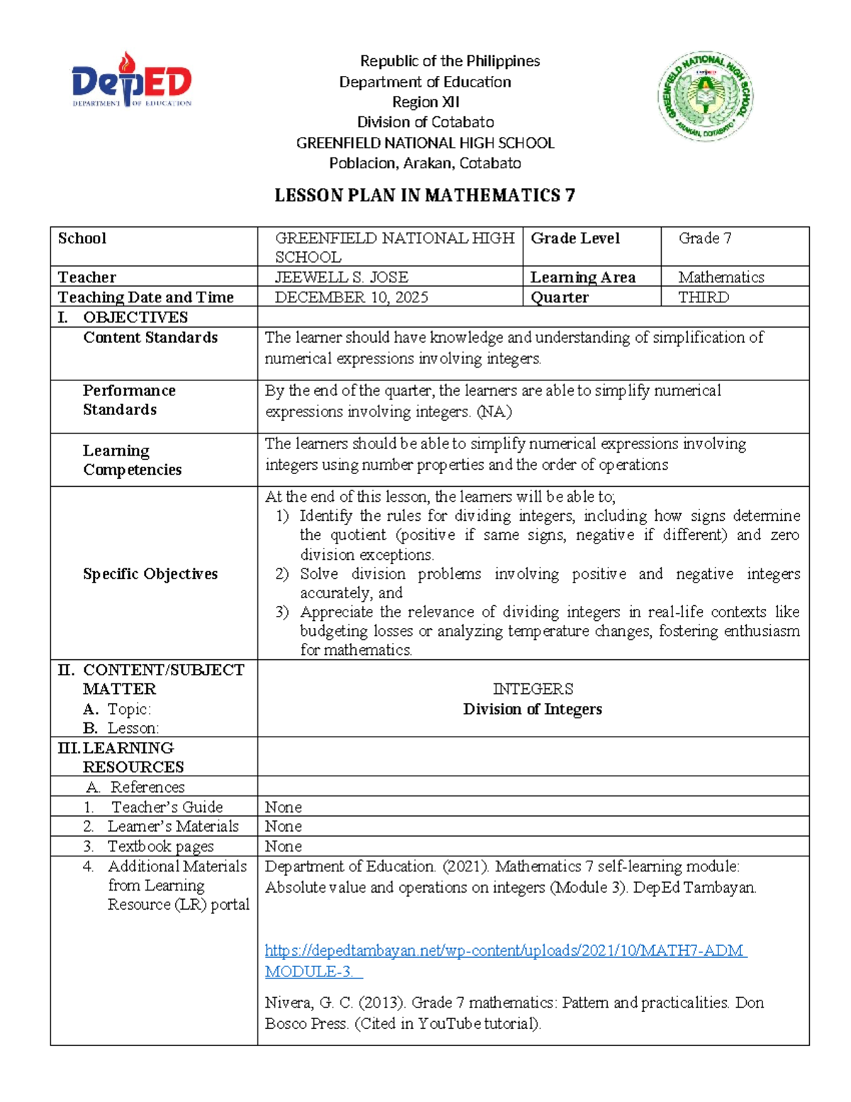 Dividing Integers - GRADE 7 MATHEMATICS LESSON PLAN - Studocu
