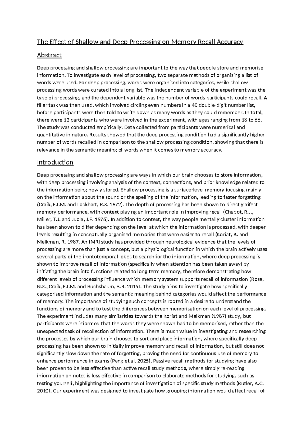 Experiment on Shallow and Deep Processing Effects on Memory Recall ...