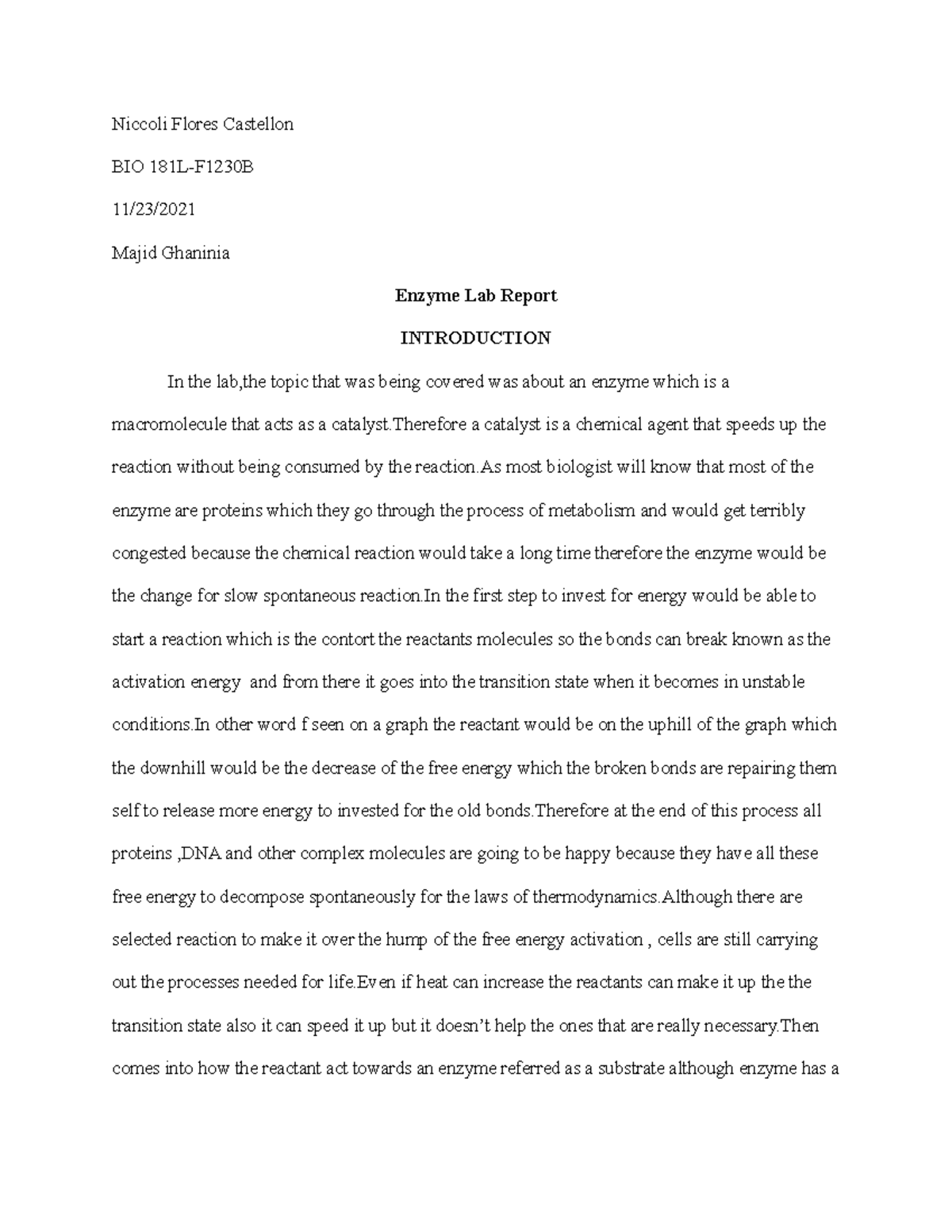 Enzyme Lab Report: Analysis of Substrate Impact (BIO 181L-F1230B) - Studocu