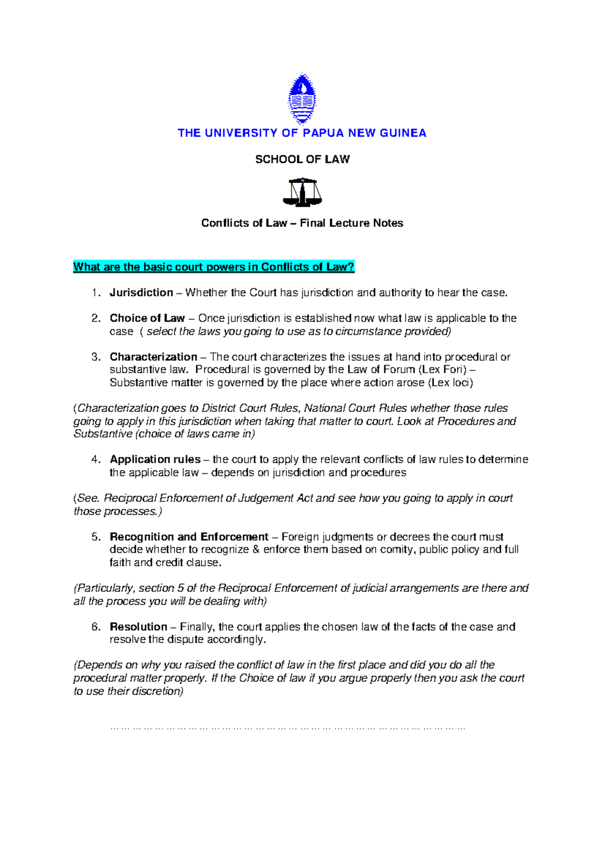 Conflicts of Law (LAW 101) Final Lecture Notes: Key Court Powers ...