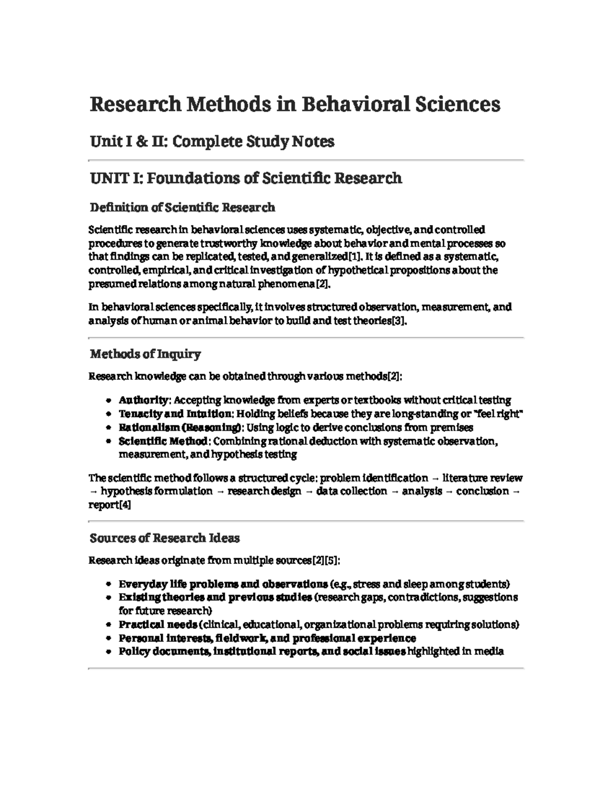 Research Methods in Behavioral Sciences (Unit I & II): Comprehensive ...