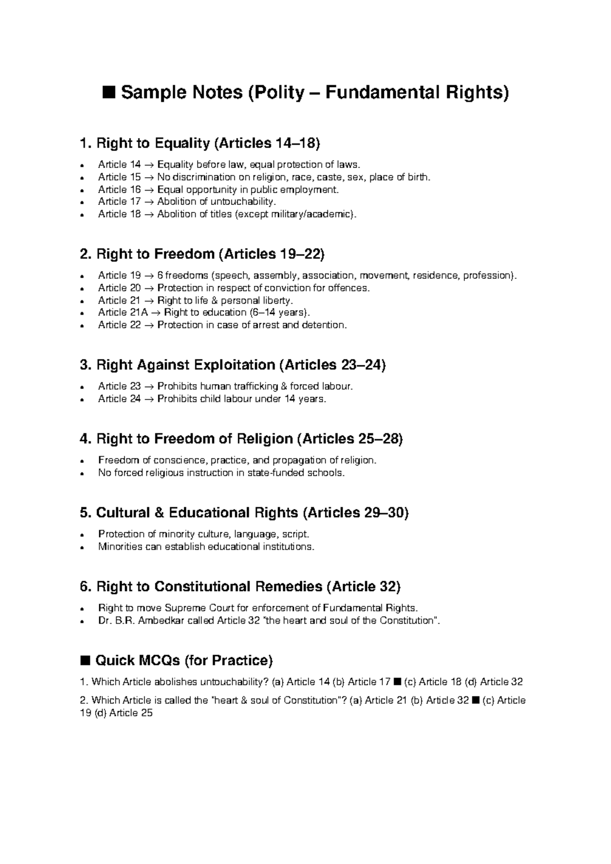 Polity Notes on Fundamental Rights: Key Articles & MCQs - Studocu