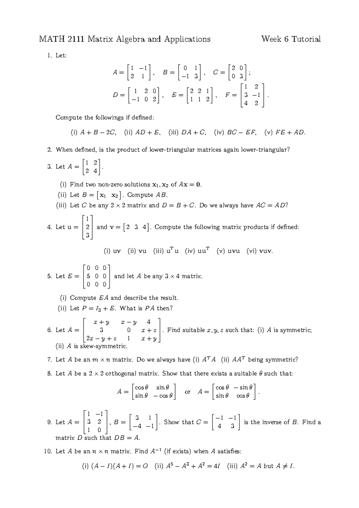 MATH 202 - Week 6 Tutorial on Matrix Algebra & Operations - Studocu