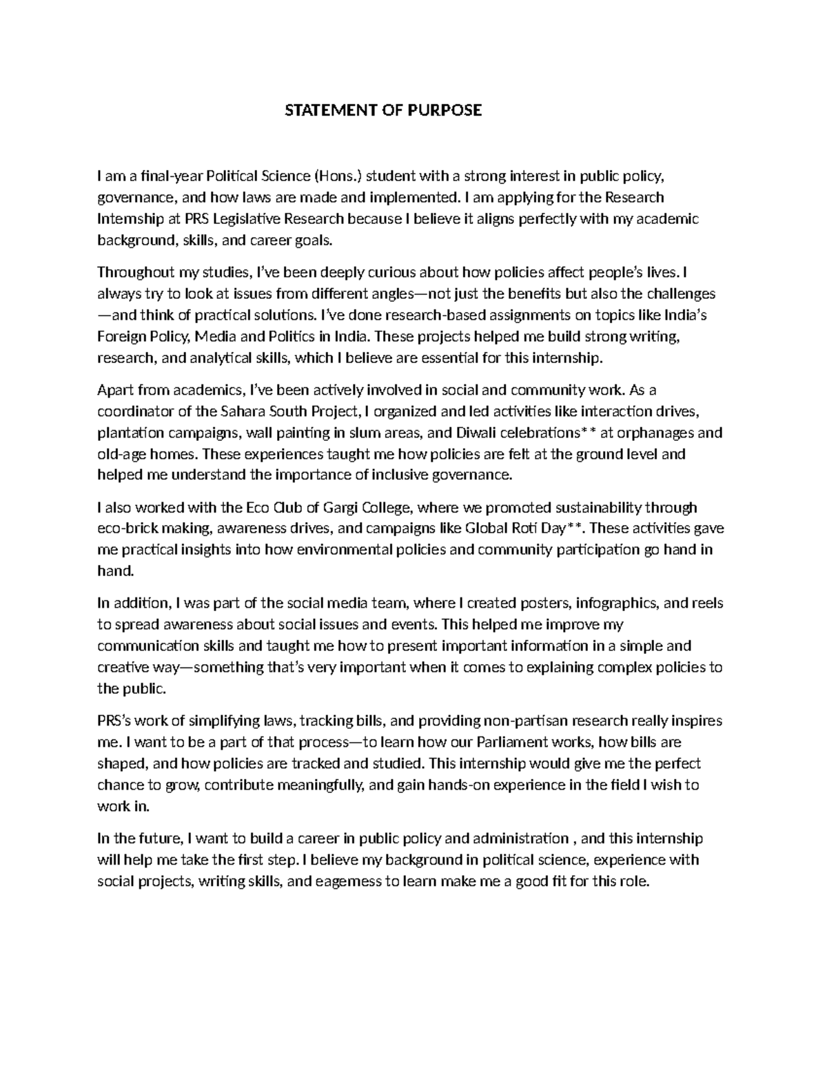 Research Internship Statement of Purpose - Political Science Hons ...