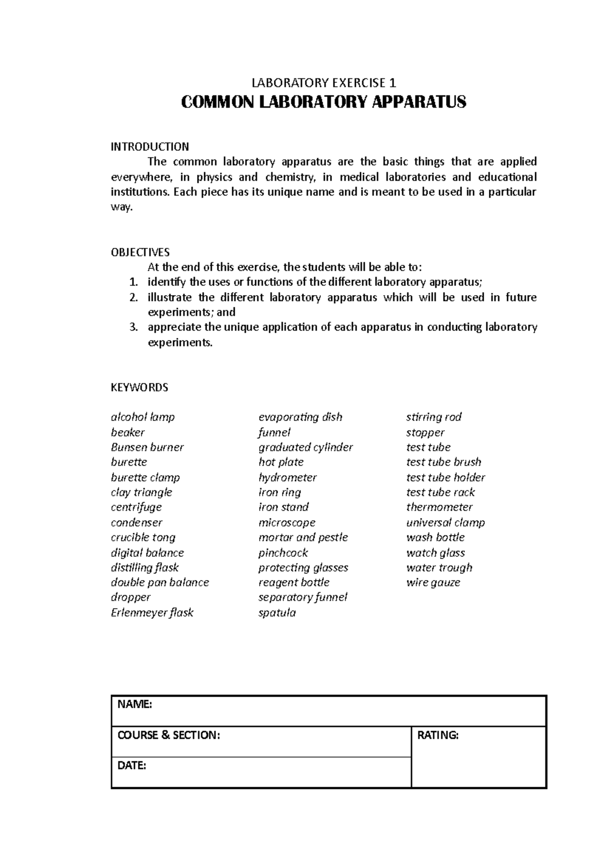 LAB-EX1: Introduction to Common Laboratory Apparatus and Uses - Studocu