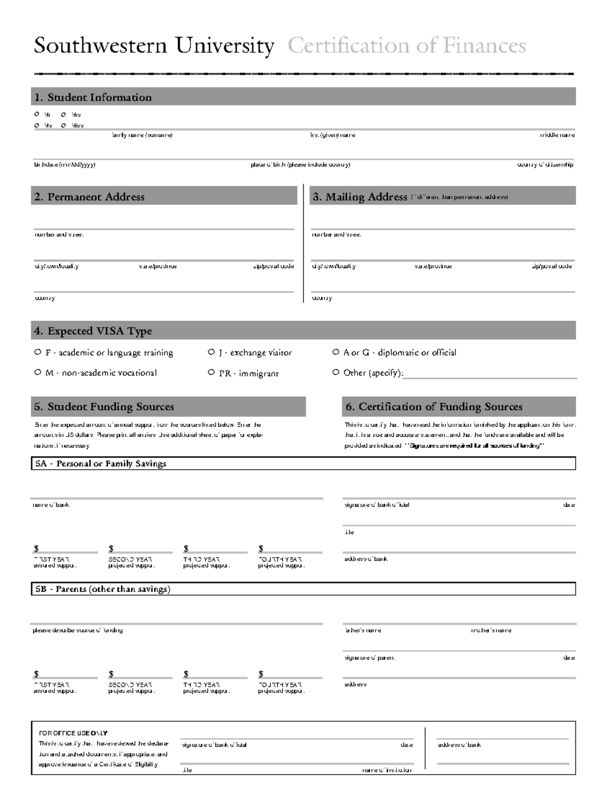 Southwestern University Certification of Finances Form for Students ...