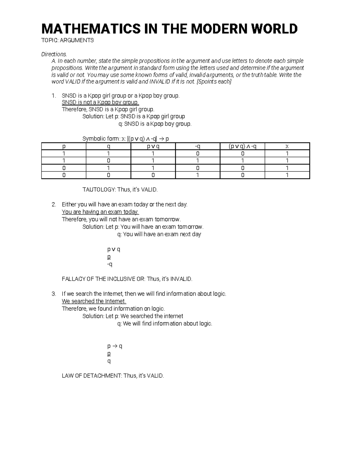 MMW Arguments - MATHEMATICS IN THE MODERN WORLD TOPIC: ARGUMENTS ...