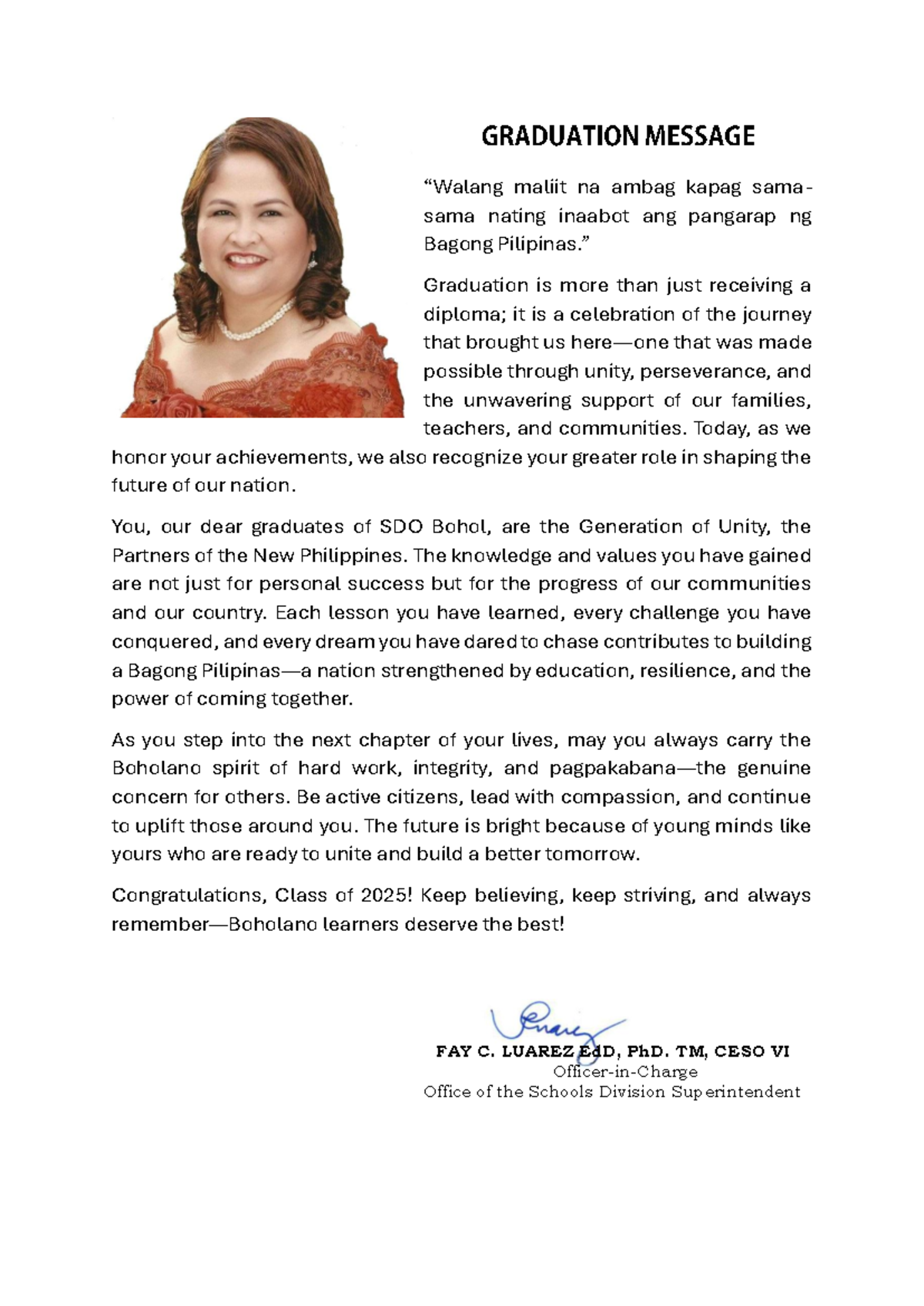 SDO Bohol Graduation Message 2025: Unity for a New Philippines - Studocu