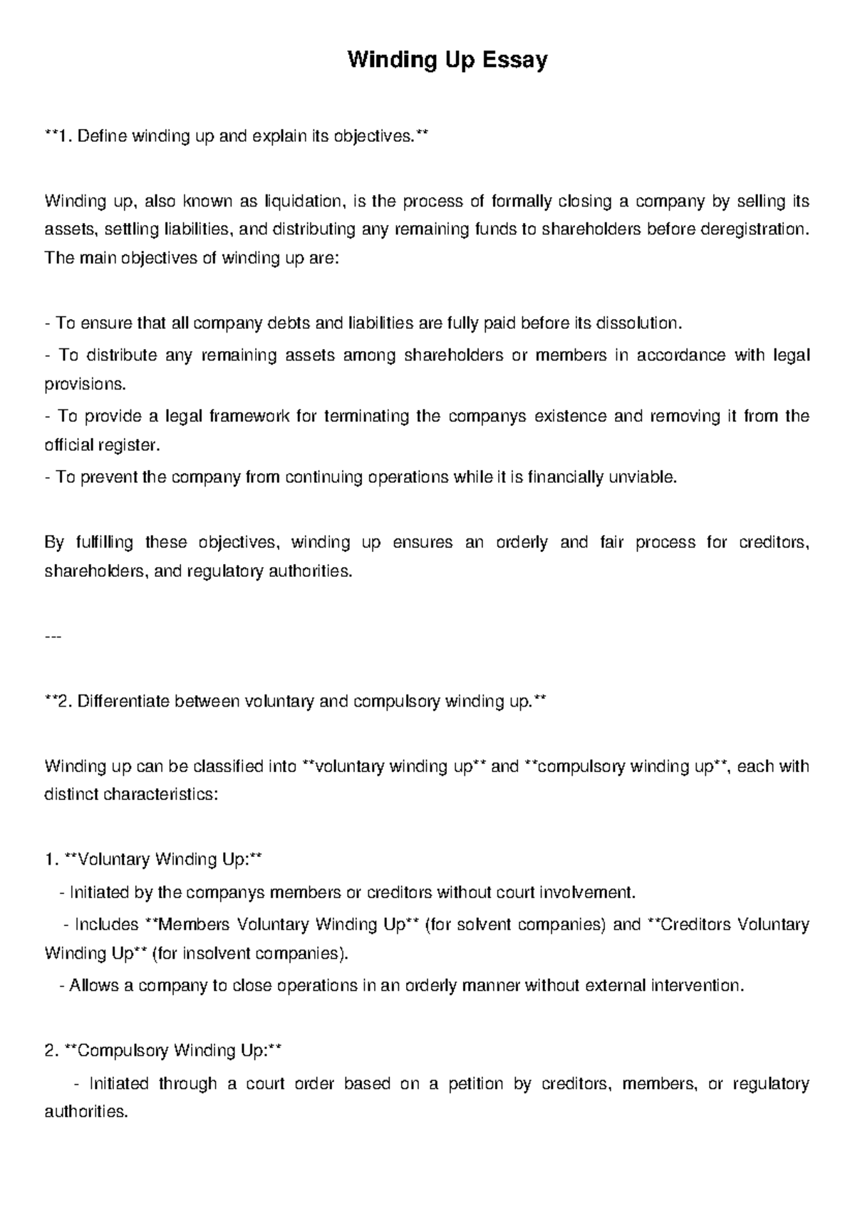 Winding Up Essay - Define winding up and explain its objectives ...