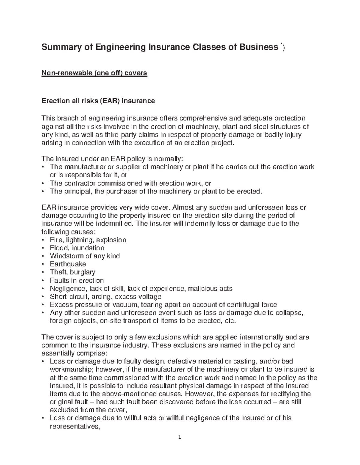 Engineering Insurance Summary: Erection All Risks (EAR) - Studocu