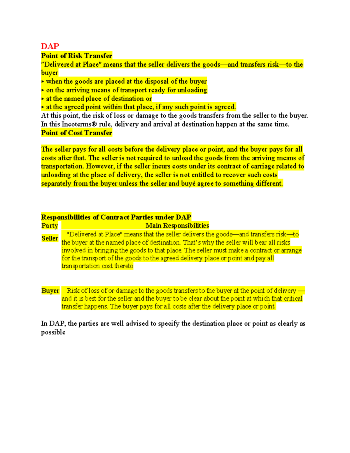 DAP Risk Transfer: Seller and Buyer Responsibilities Explained - Studocu