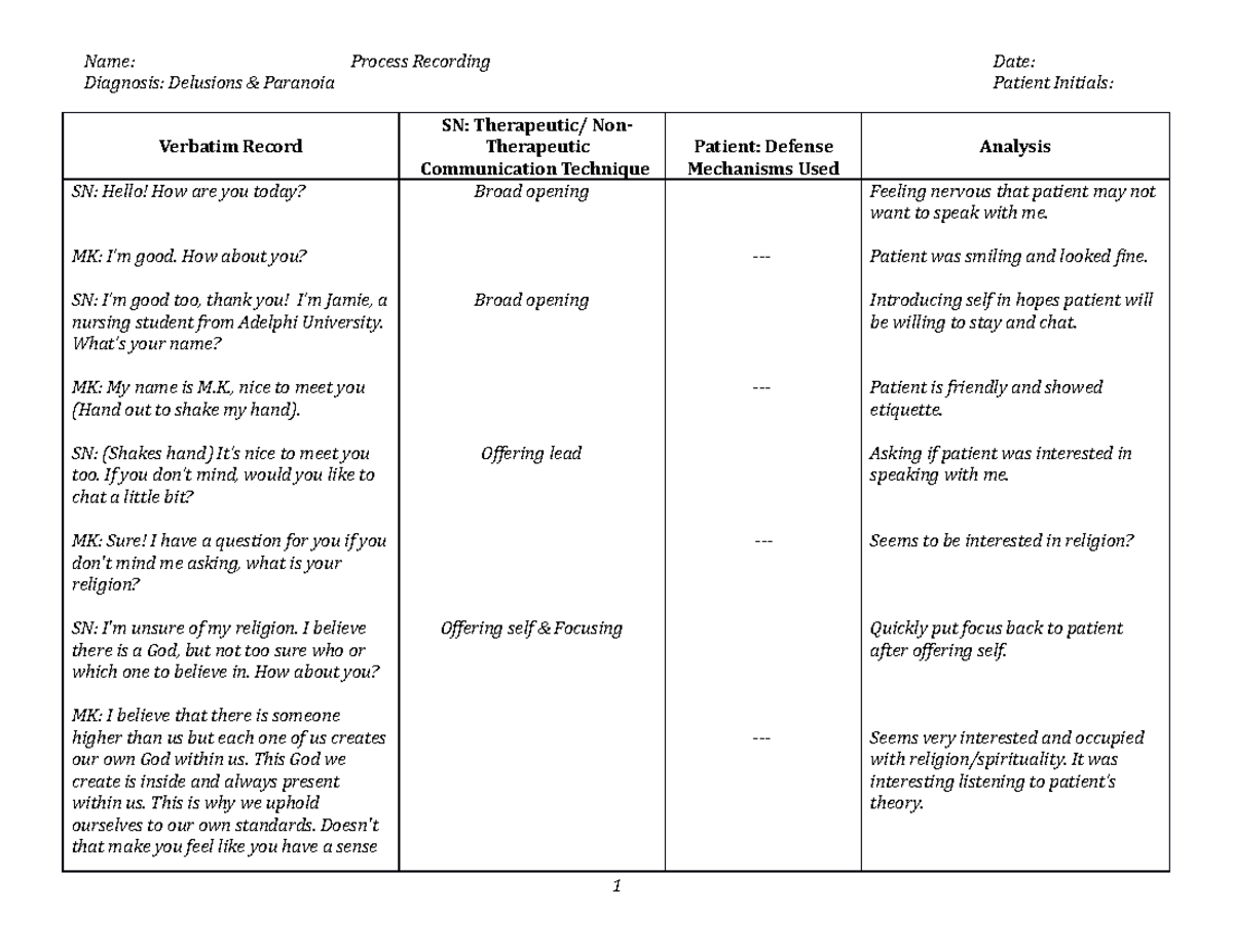 Process Recording Example Social Work Social Work Process Recording