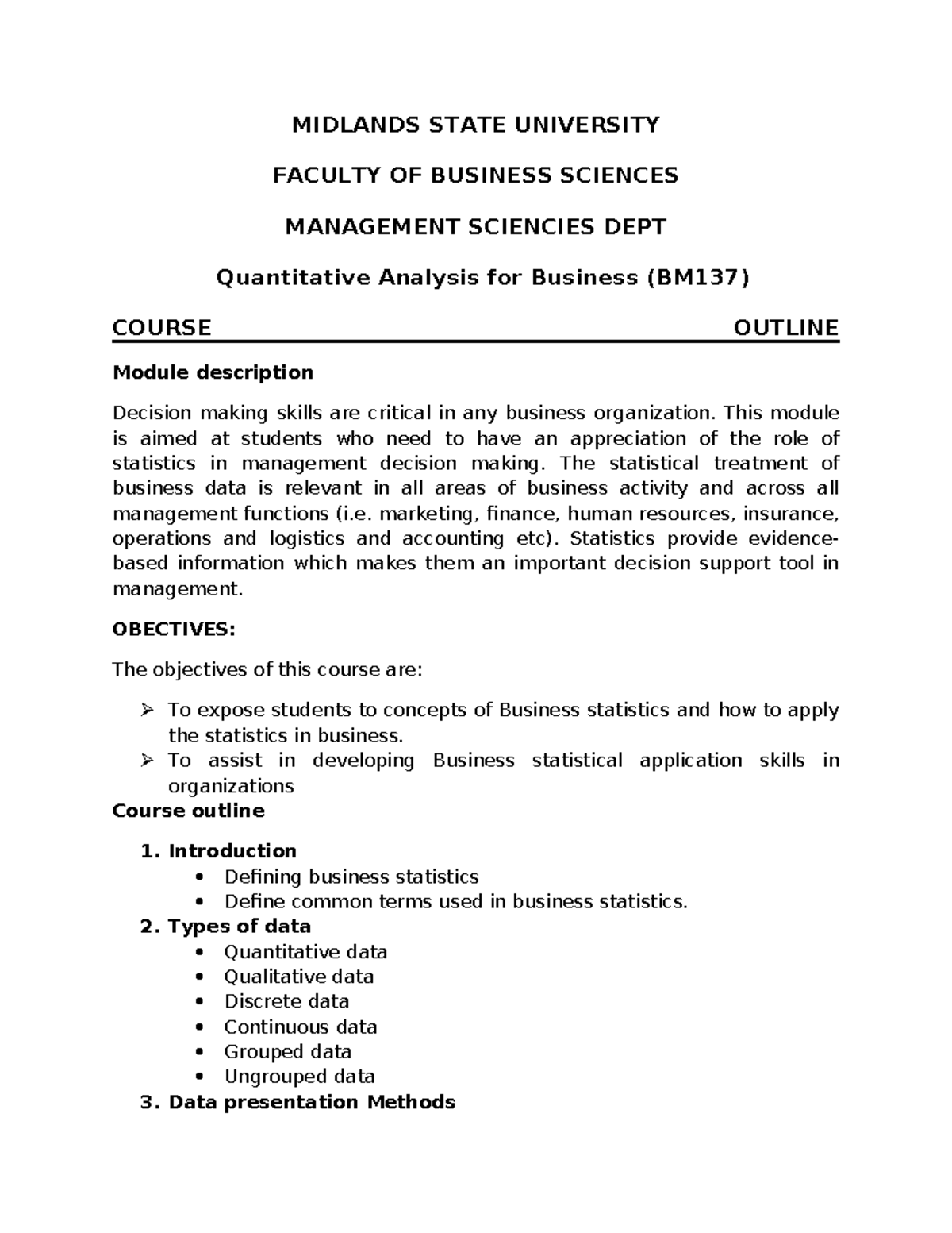 BM137 Quantitative Analysis for Business: Course Outline 2026 - Studocu