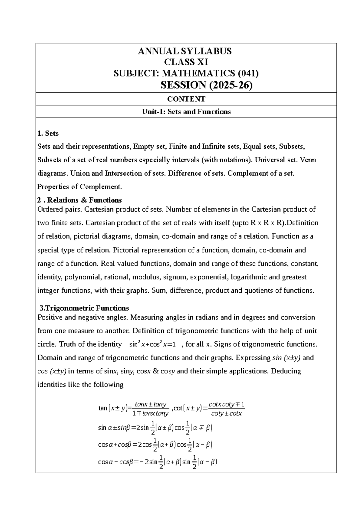 Annual Syllabus Class XI Mathematics (041) - Complete Guide - Studocu