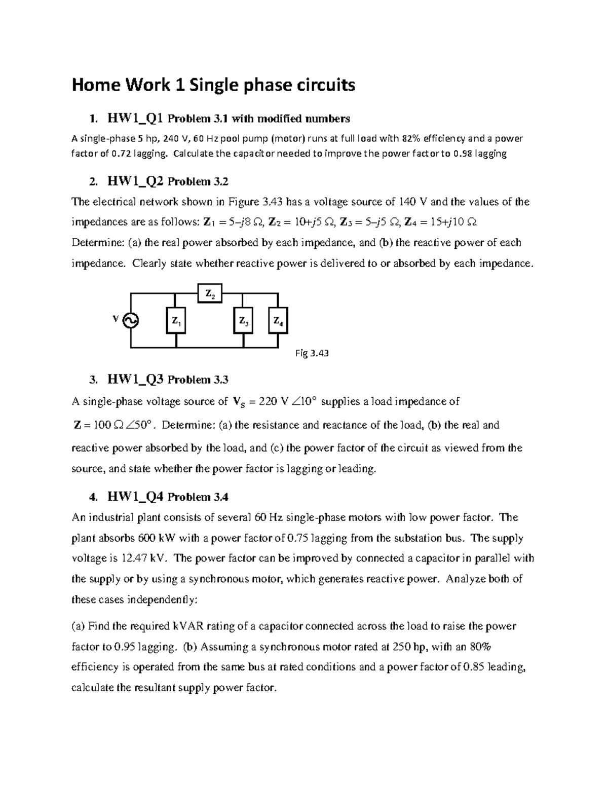 HW1: Power Factor Improvement & Circuit Analysis Problems - Studocu