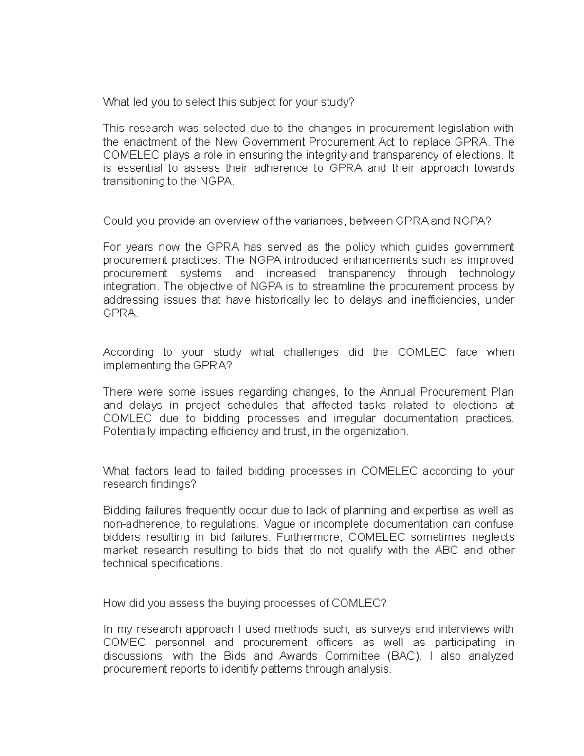 Possible Questions for Defense - What led you to select this subject ...