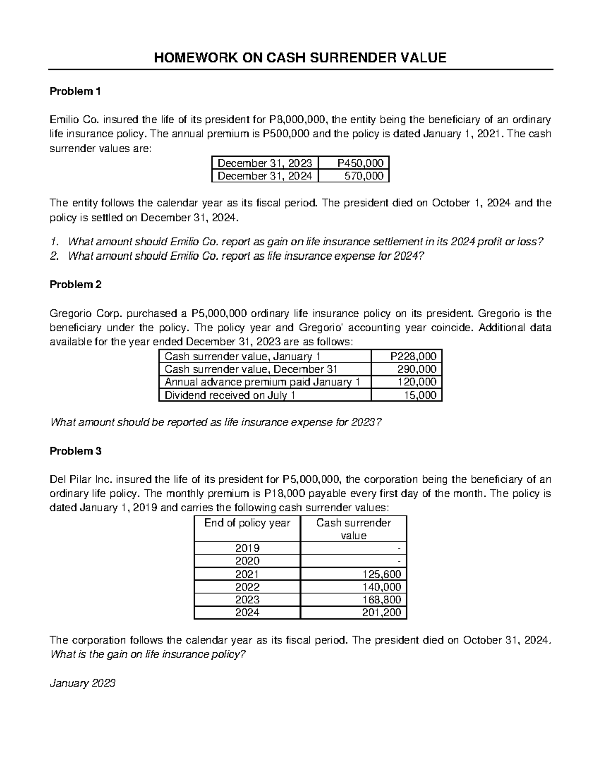 HW on Cash Surrender Value Case Study B: Life Insurance Premiums ...