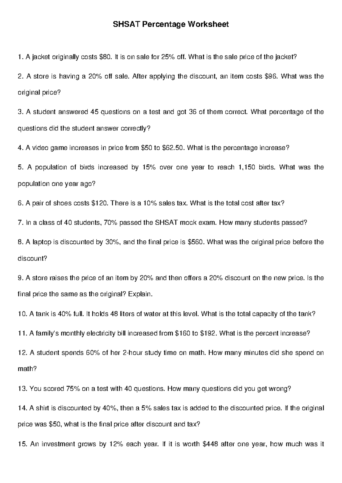 SHSAT Percentage Worksheet: Practice Problems and Solutions - Studocu