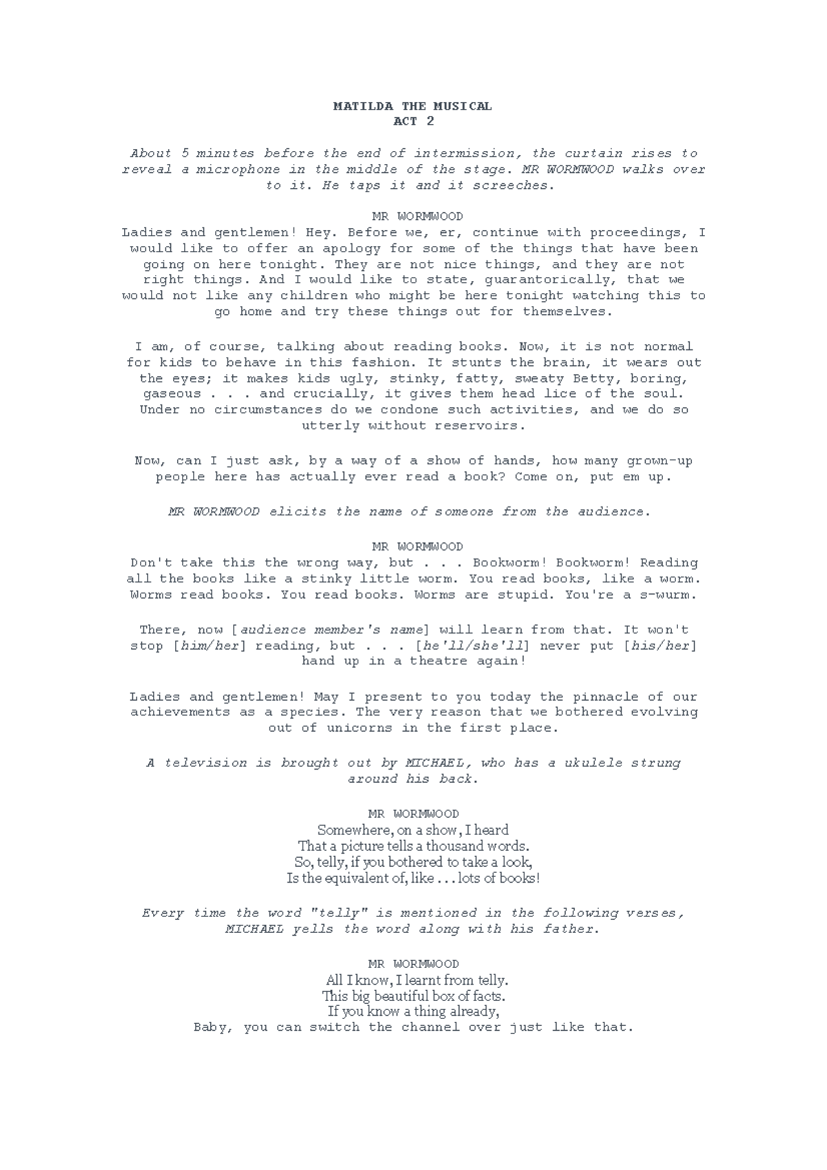 MATILDA THE MUSICAL ACT 2 - SCRIPT EXCERPTS AND ANALYSIS - Studocu