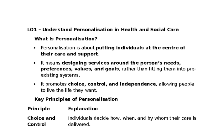 Unit 6 notes - I CAN - LO1 – Understand Personalisation in Health and ...