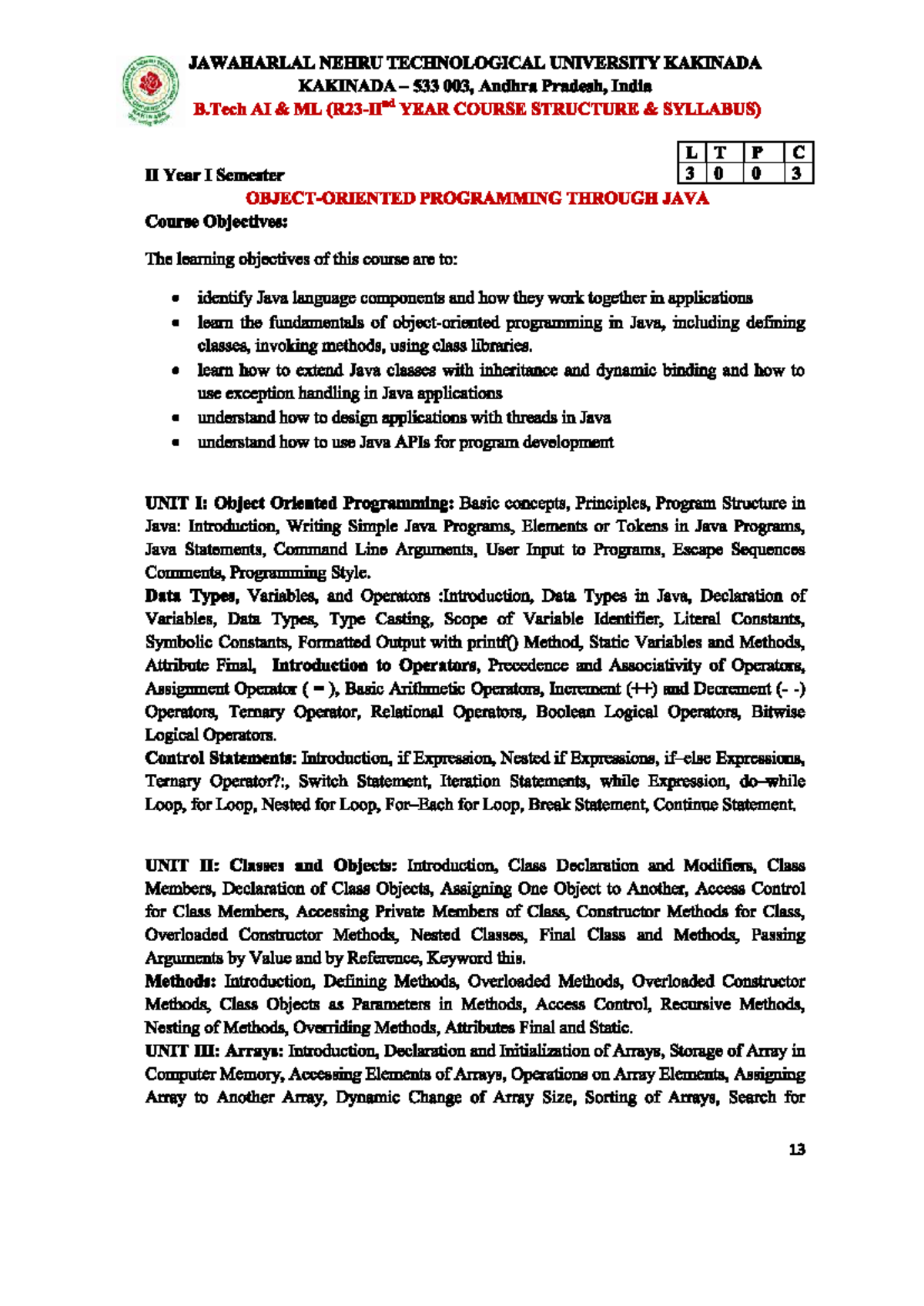 B.Tech AI ML II Year I Semester programming through Java syllabus - Studocu