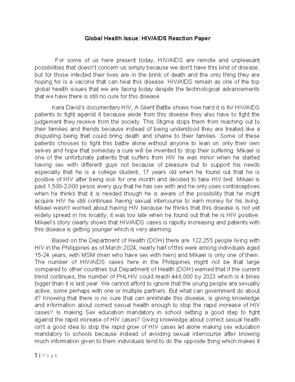 Global health issue: Reaction paper on HIV stigma and solutions - Studocu