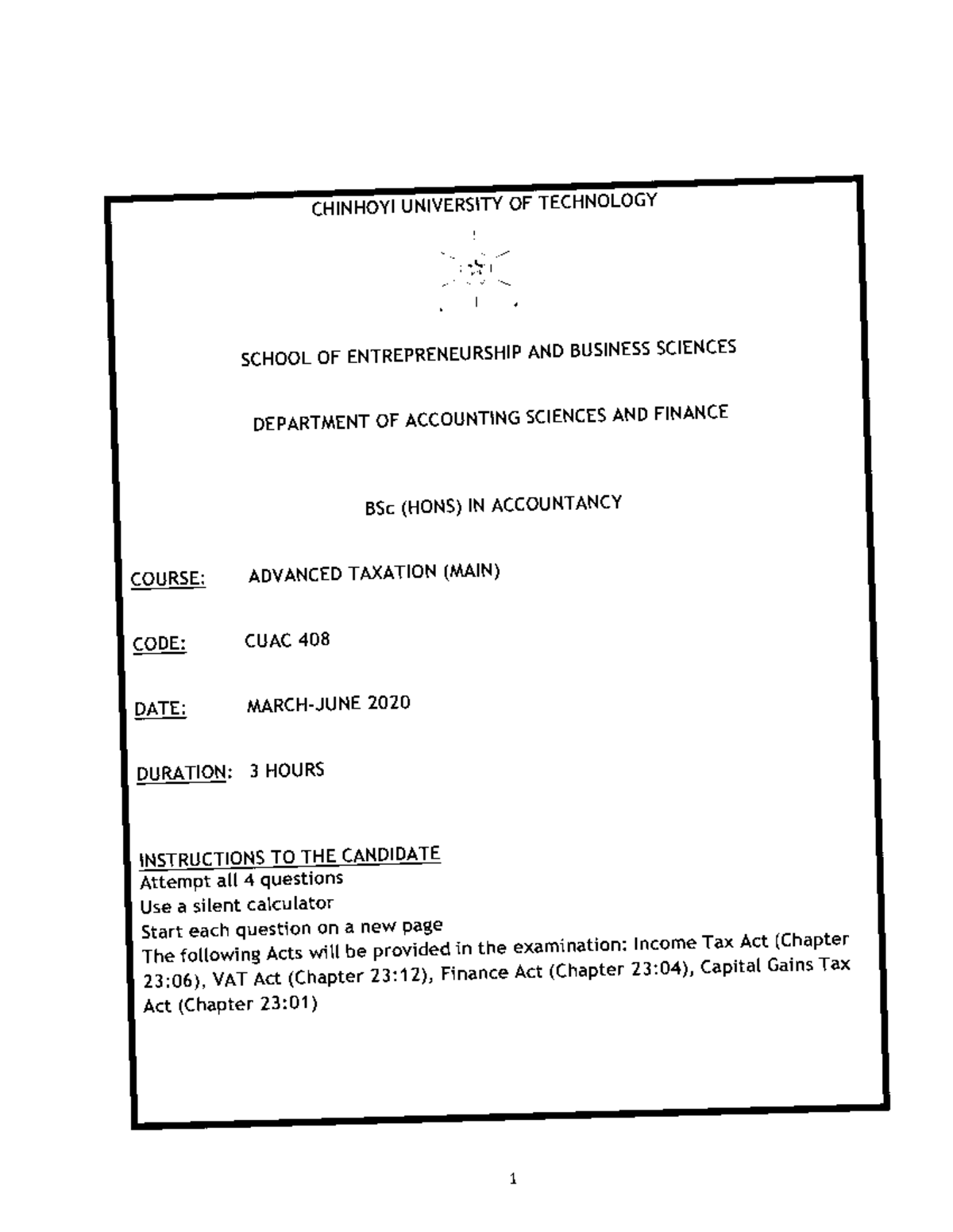 CUAC 408 Advanced Taxation Exam Paper - March 2020 - Studocu