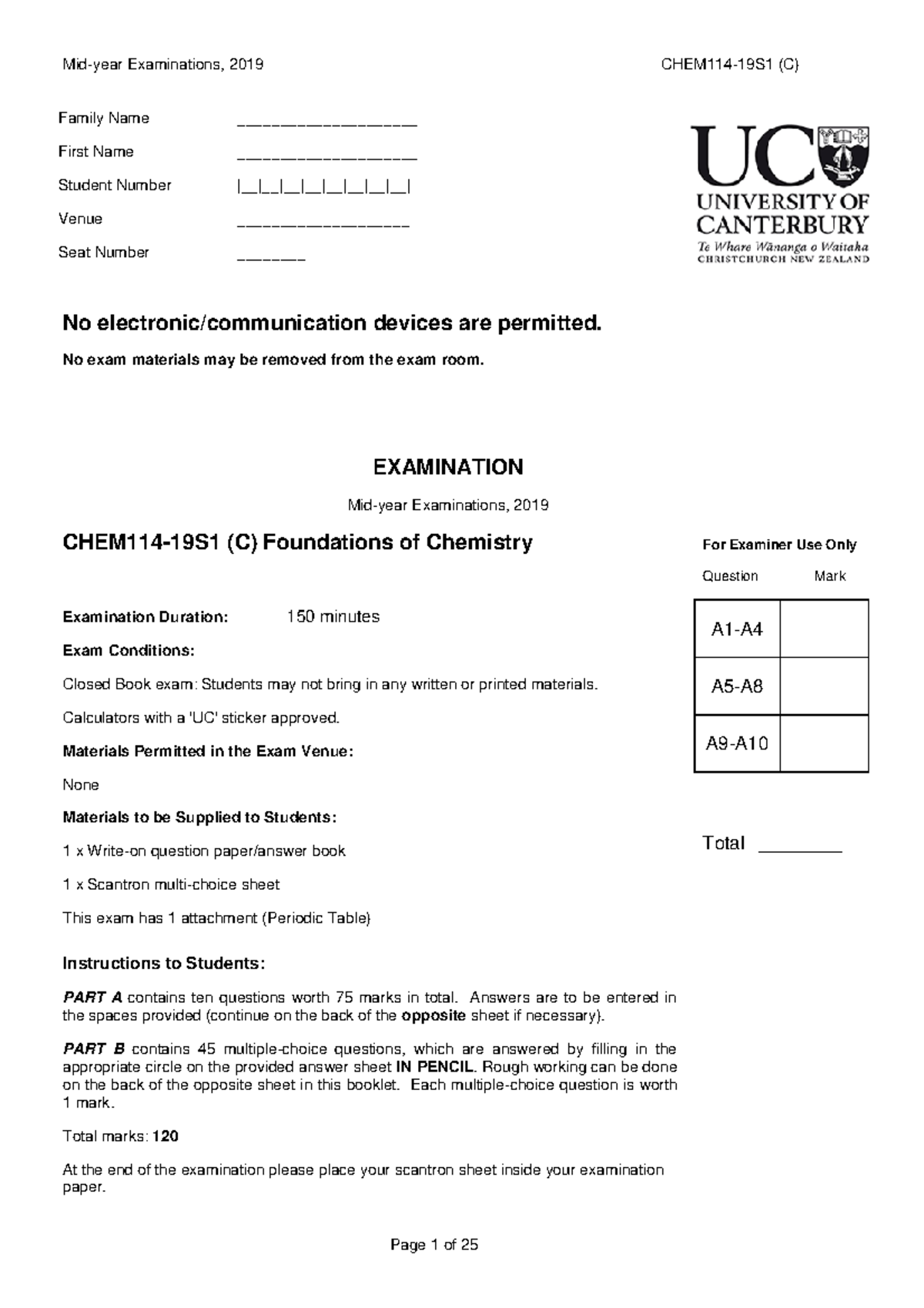 CHEM114-19S1 Mid-Year Exam Script - Foundations of Chemistry 2019 - Studocu