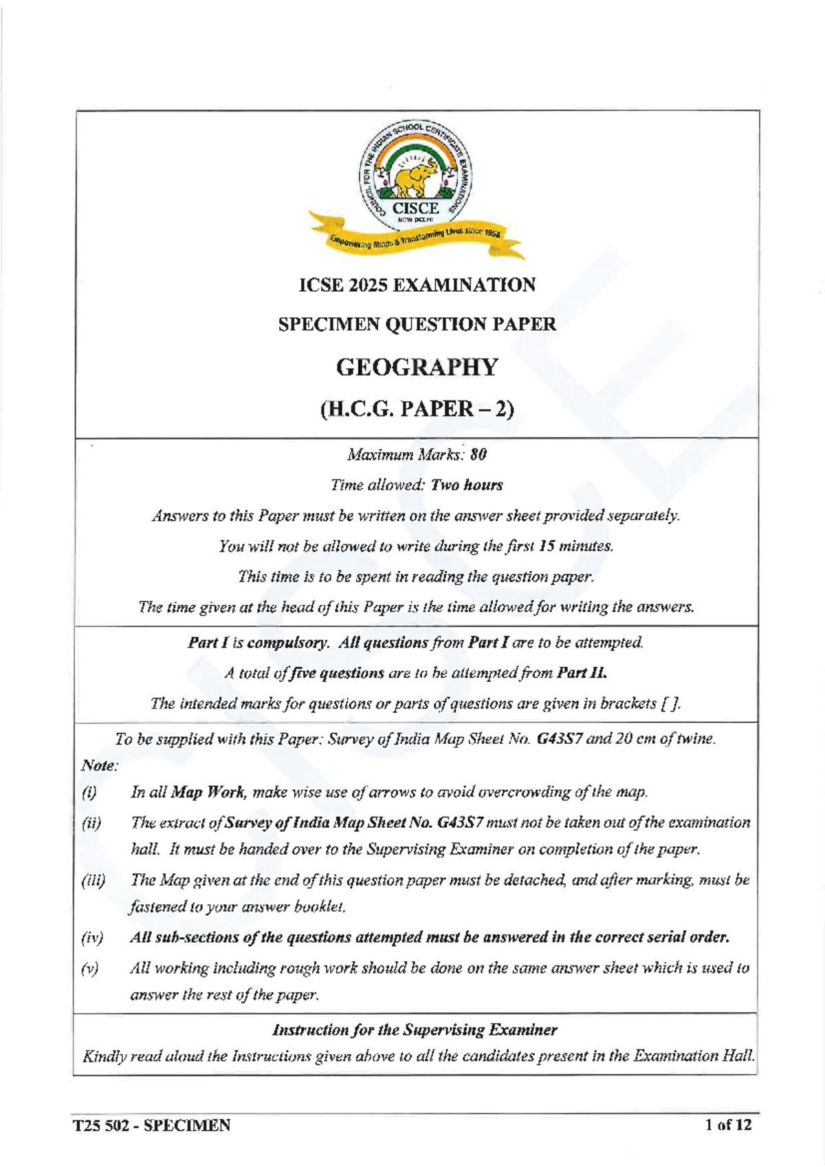 ICSE 2025 Geography Specimen Question Paper T25 502 - Studocu