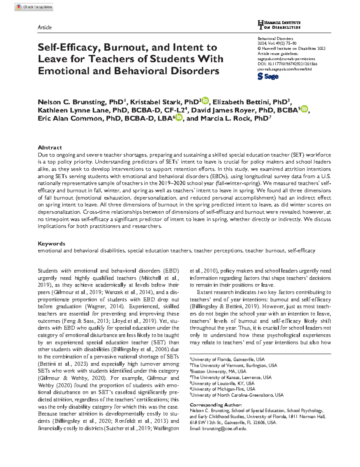 Self-Efficacy and Burnout: Teacher Retention in EBD Contexts (SPED 2023 ...