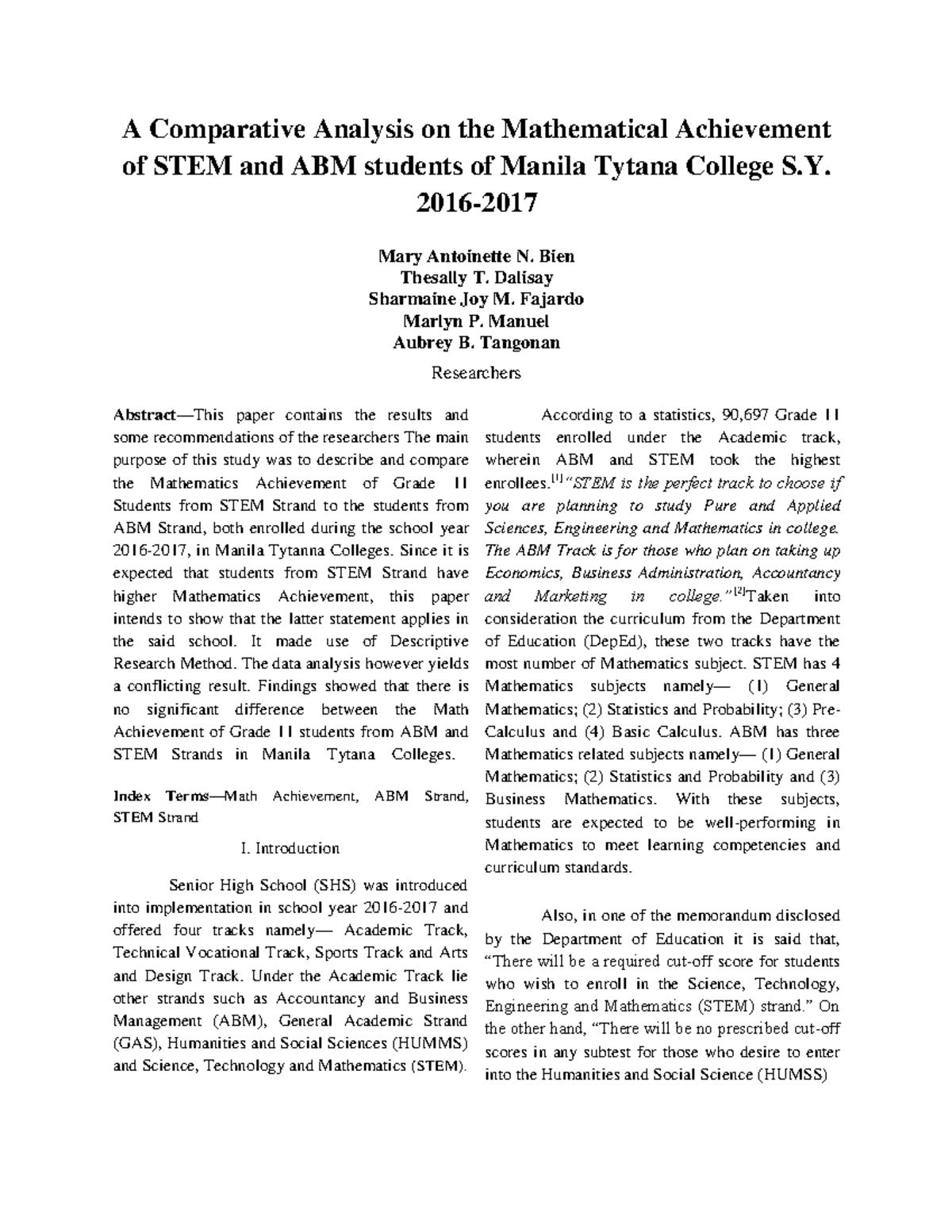 Comparative Study of Math Achievement: STEM vs ABM Students S.Y. 2023 ...