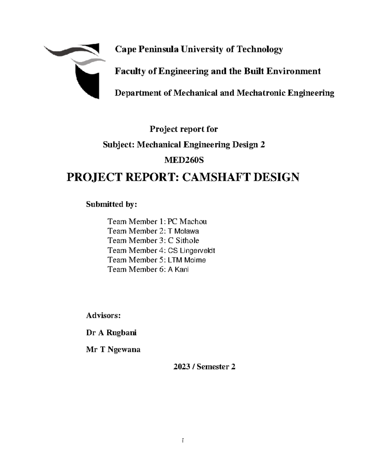 Camshaft Design Project Report for MED260S - 2023 Semester 2 - Studocu