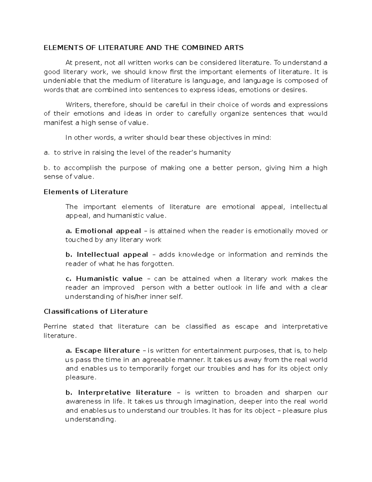 Literature & the Combined Arts: Key Elements & Classifications - Studocu