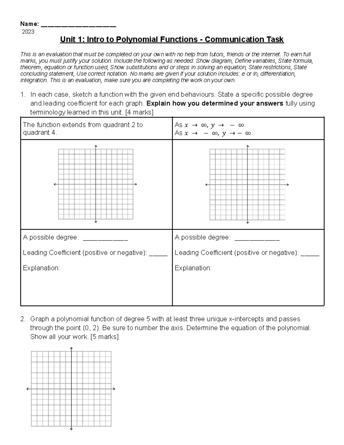 Unit 1 - Polynomial Functions Communication Task - July 2023 - Studocu
