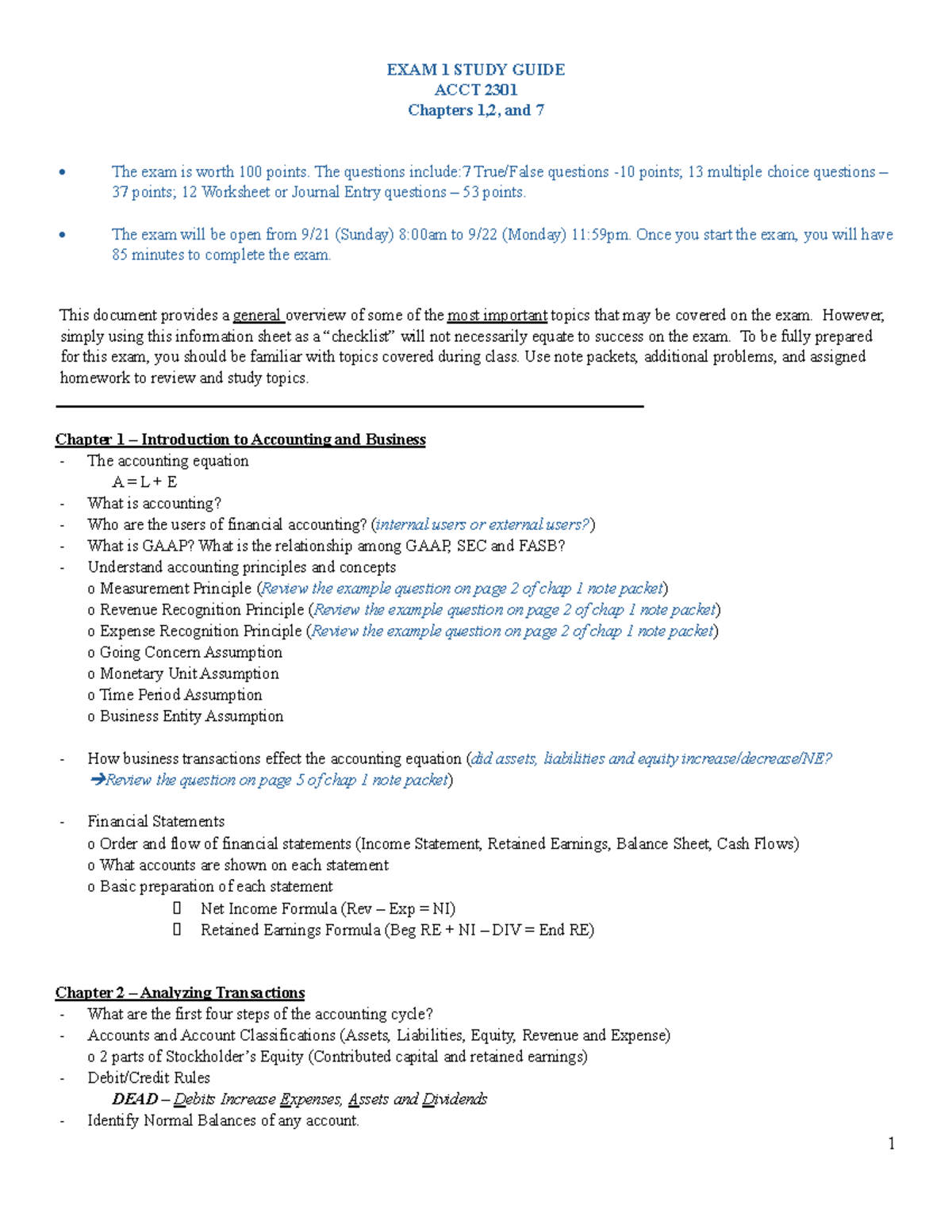 ACCT 2301 Exam 1 Study Guide: Key Topics from Chapters 1, 2, and 7 ...