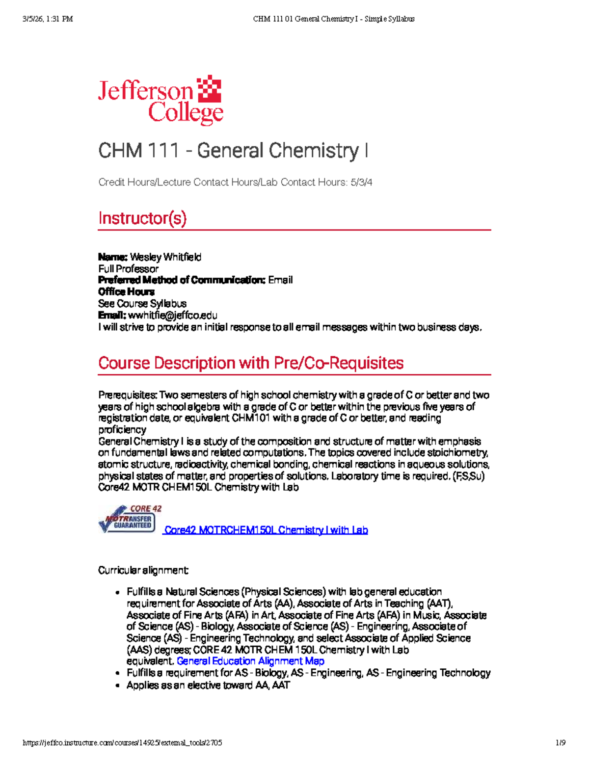 CHM 01 General Chemistry I: Comprehensive Simple Syllabus - Studocu