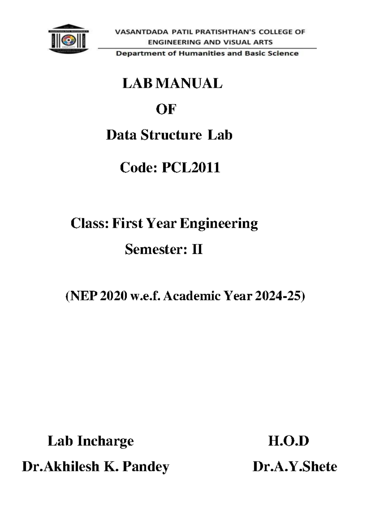 Data Structures Lab Manual: PCL2011 - First Year Engineering - Studocu