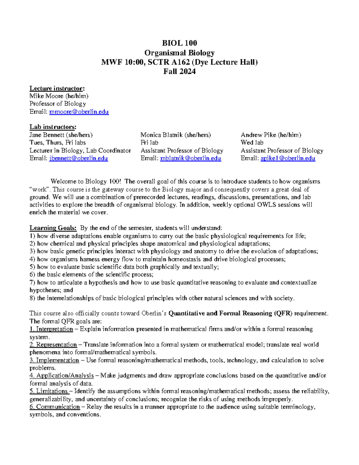BIOL 100 Syllabus: Organismal Biology Fall 2024 (Moore) - Studocu