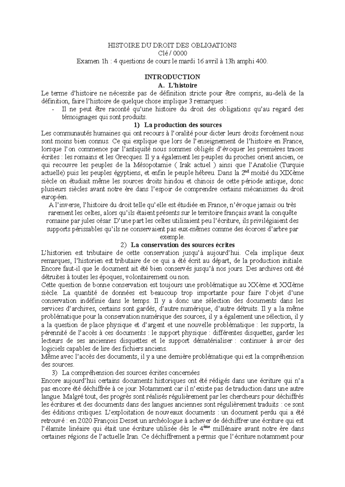 HISTOIRE DU DROIT DES OBLIGATIONS - Cours et Examen 1h (HIST 101) - Studocu