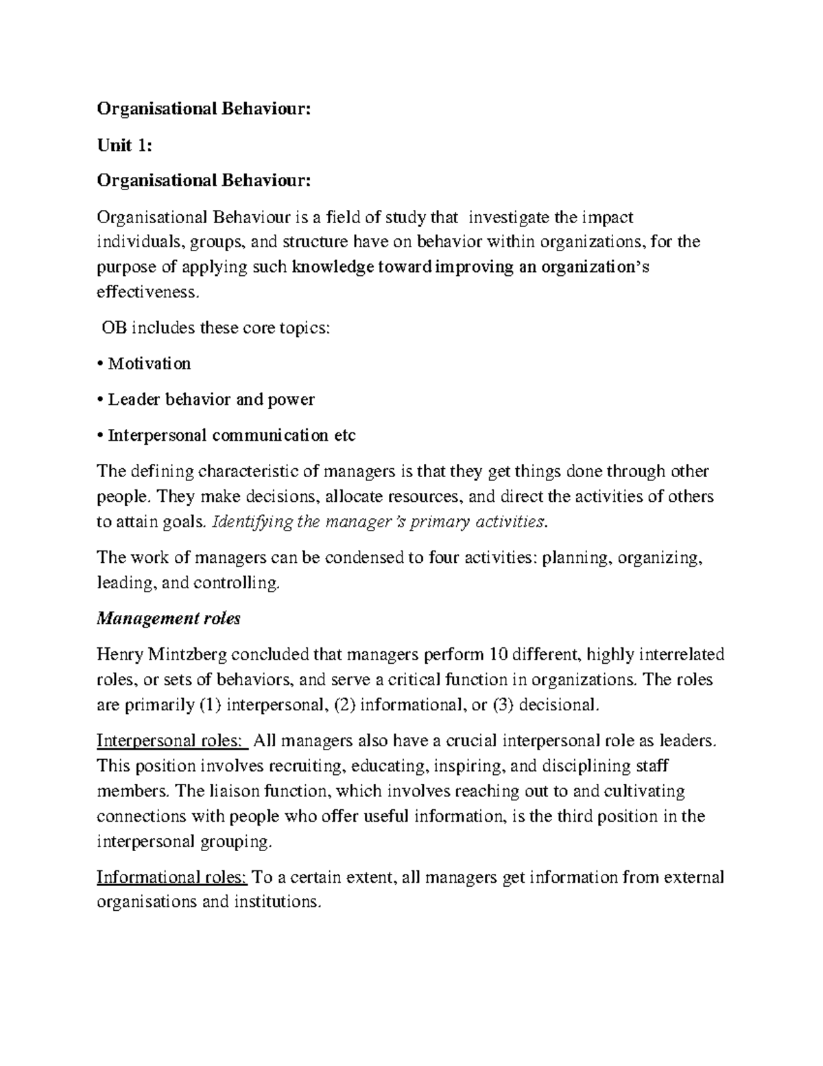 Organisational Behaviour: Unit 1 - Introduction to Key Concepts and ...