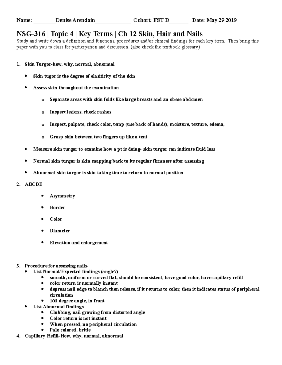 Week 4 key terms - Exam 1 NSG 316 Study Guide - Name: Denise Arendain ...