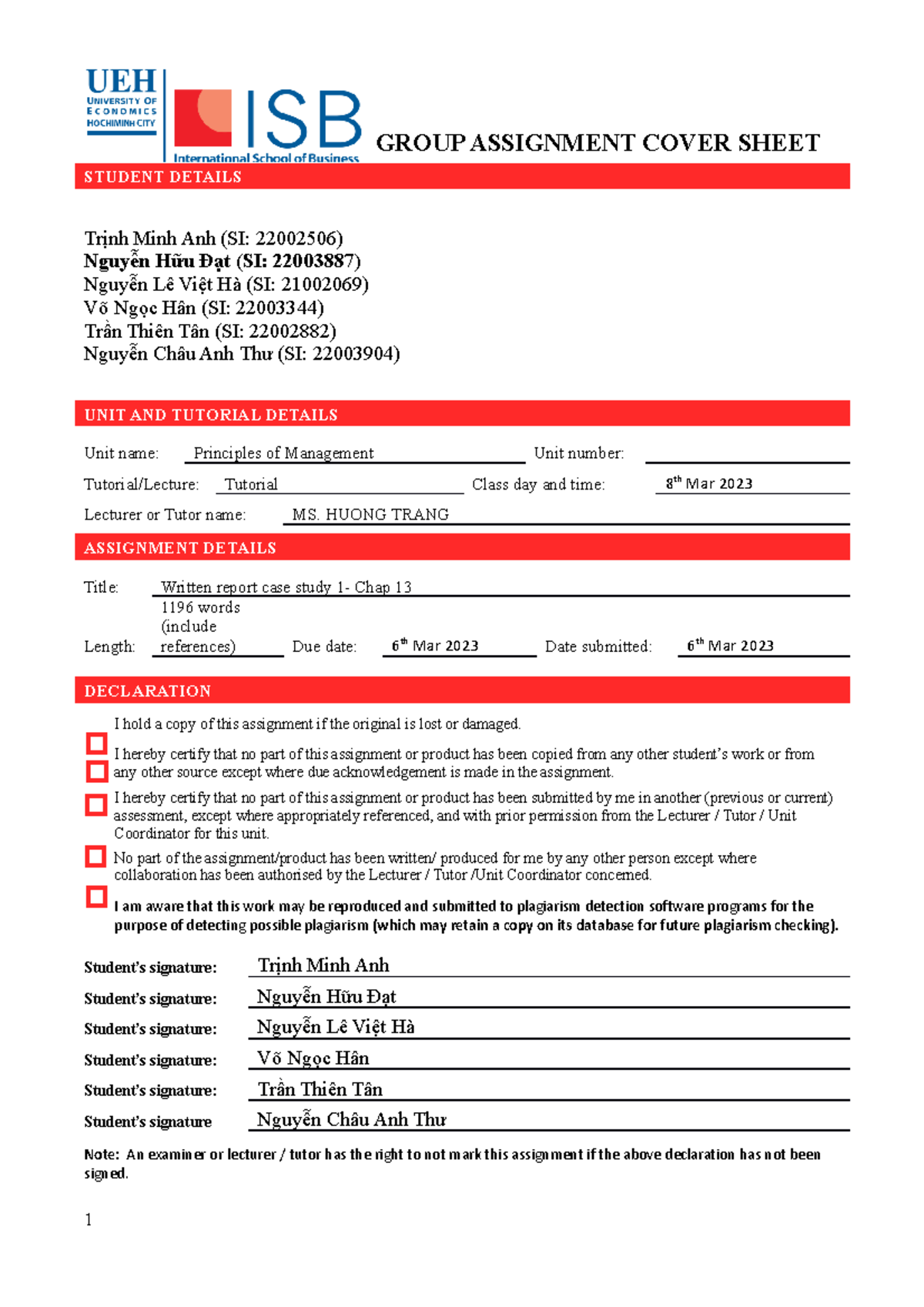 PM3 Tutorial Written report 7 Group 1 Week 8 - GROUP ASSIGNMENT COVER ...