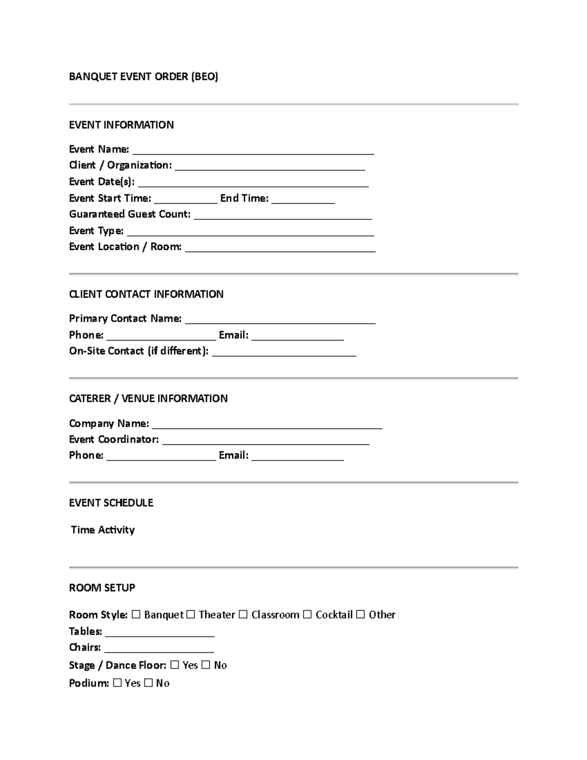 Banquet Event Order (BEO) - Event Details & Schedule - Studocu