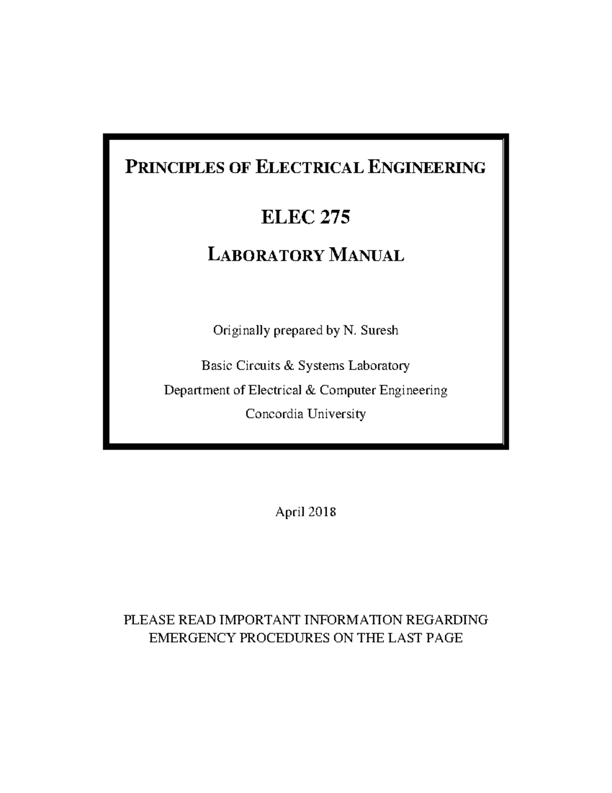 Laboratory manual for principles of electrical engineering ELEC 275 ...
