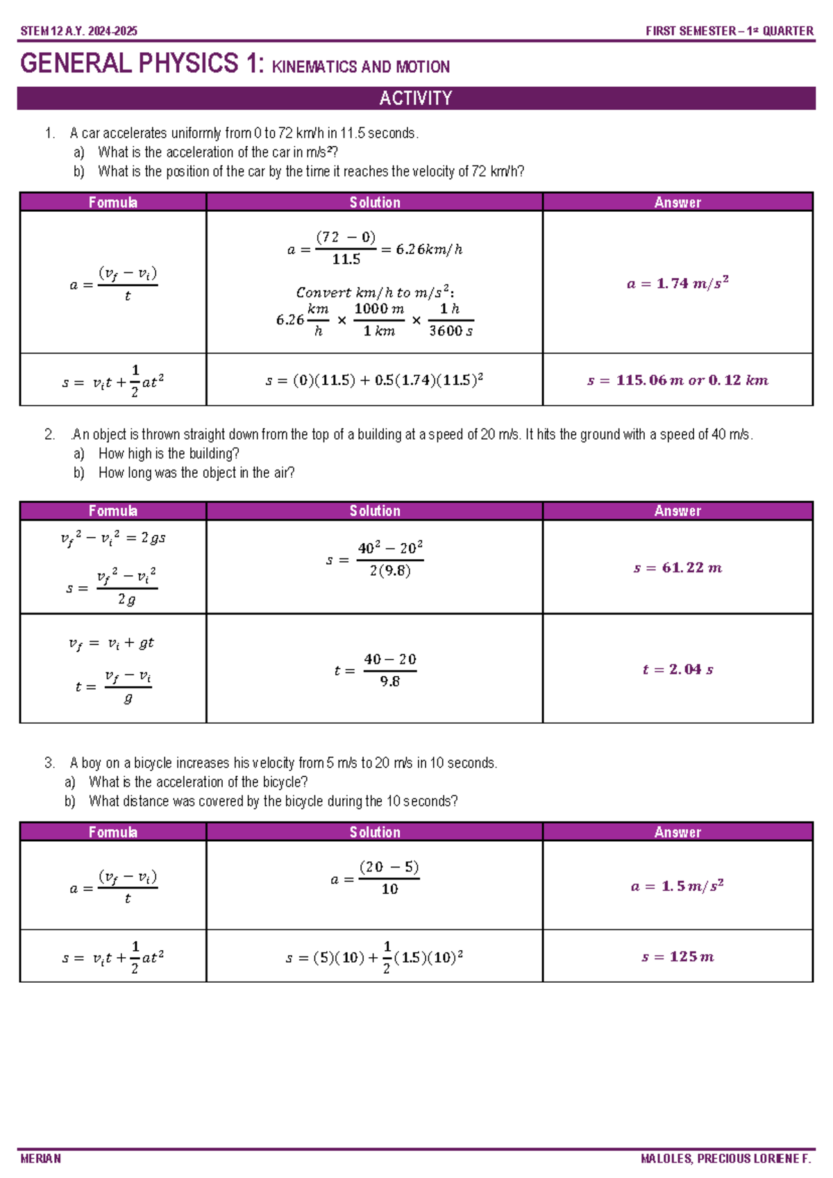 General Physics 1 - Kinematics & Motion Activity (2024-2025) - Studocu