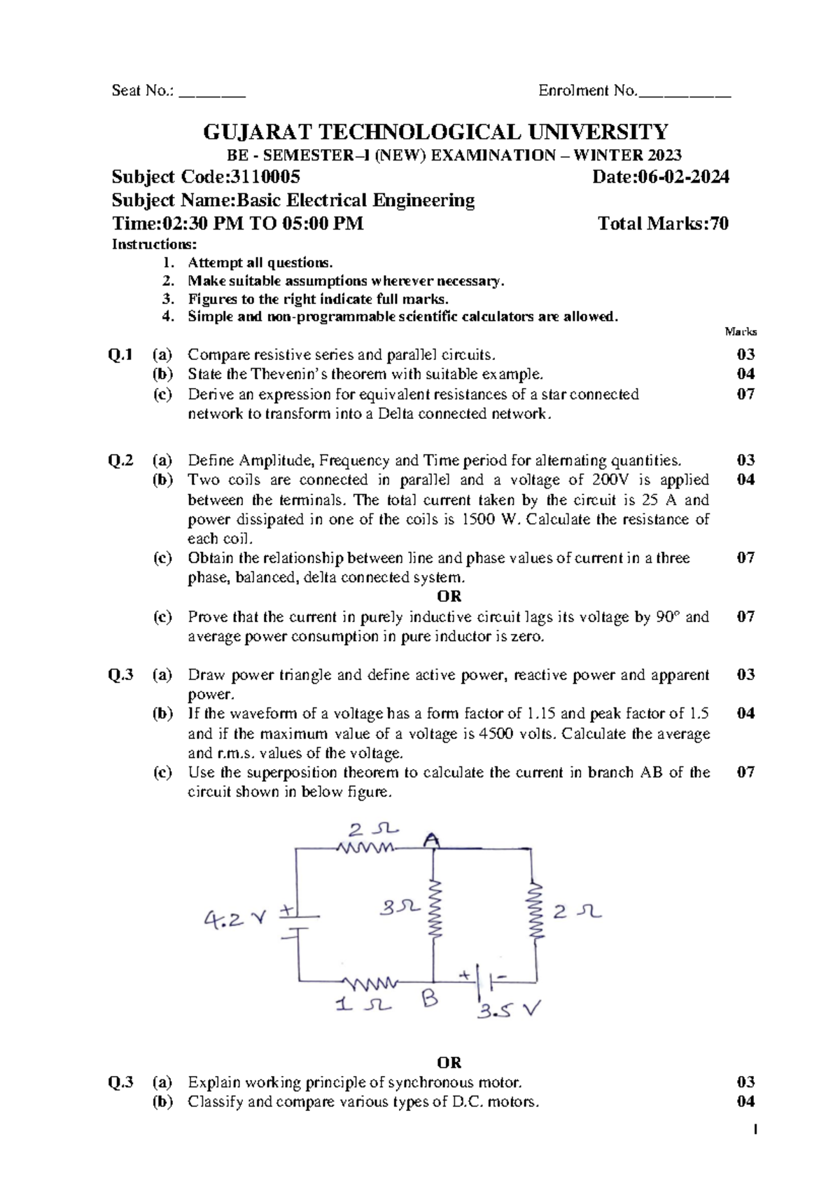 3110005 - Basic Electrical Engineering Exam Paper Winter 2023 - Studocu